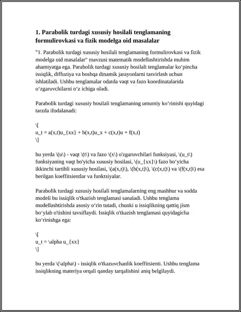 PARABOLIK TURDAGI XUSUSIY HOSILALI TENGLAMA UCHUN TÓR USULI YORDAMIDA MODELLASHTIRISH MAVZUSIDA MUSTAQIL ISH YOZIB BERING MATEMATIK MODELLASHTIRISH FANIDAN 4