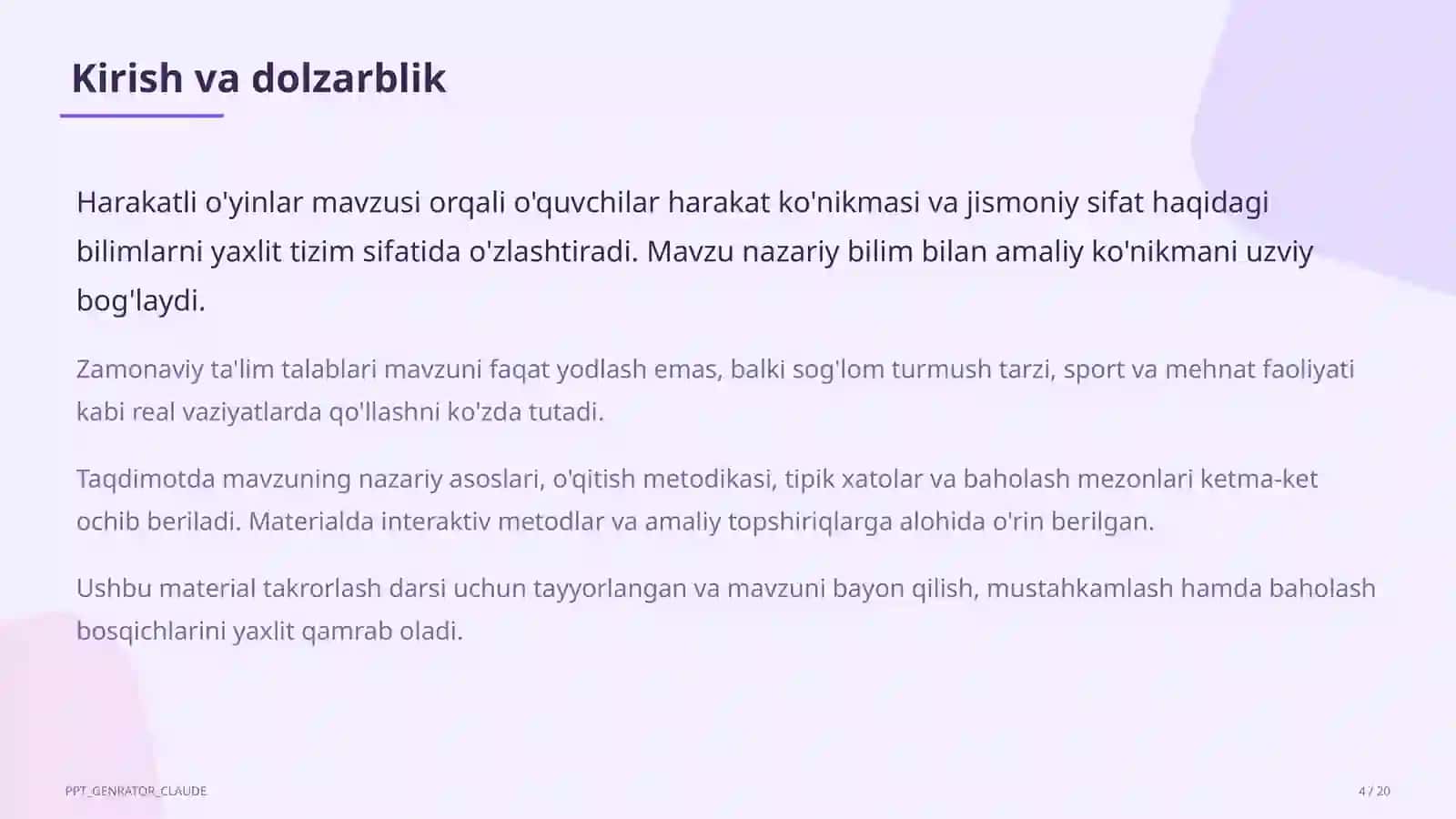 Jismoniy tarbiya (1– 11) — takrorlash darsi uchun 4