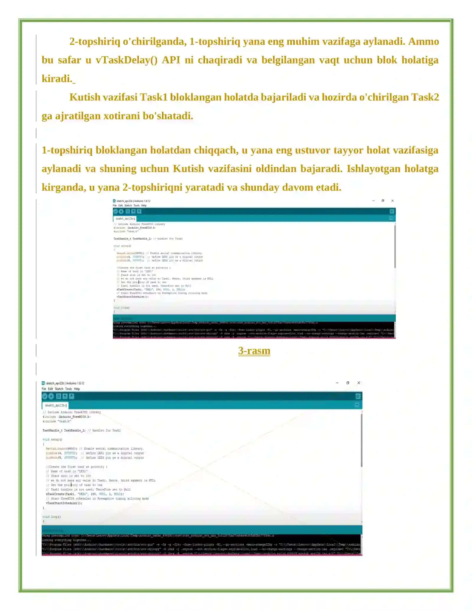 FreeRTOS vazifalarni o’chirish (Task Deletion). Vazifalarni o’chirishni ko’rsatish 4