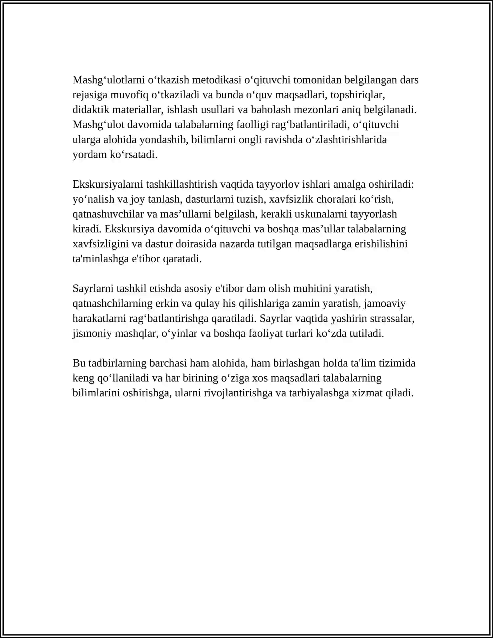 MASHG‘ULOT, EKSKURSIYA, SAYR ULARNI TURLARI VA O‘TKAZISH METODIKASI 4