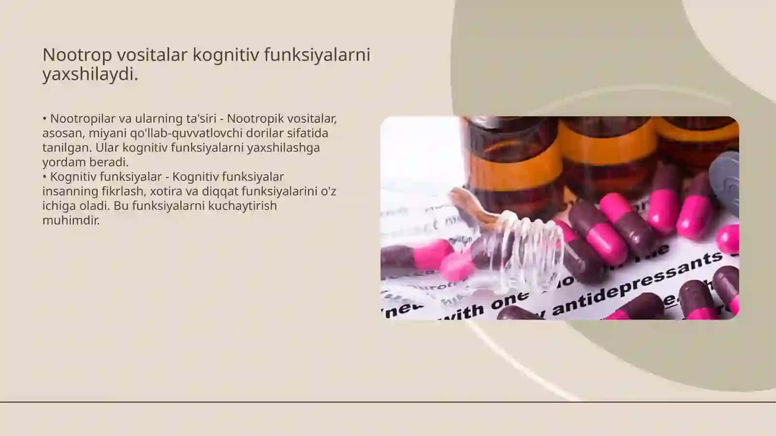 Sedativ vositalar. Nootrop vositalar. Analeptiklar. Psixostimulyatorlar. Depressiyaga qarshi vositalar 4