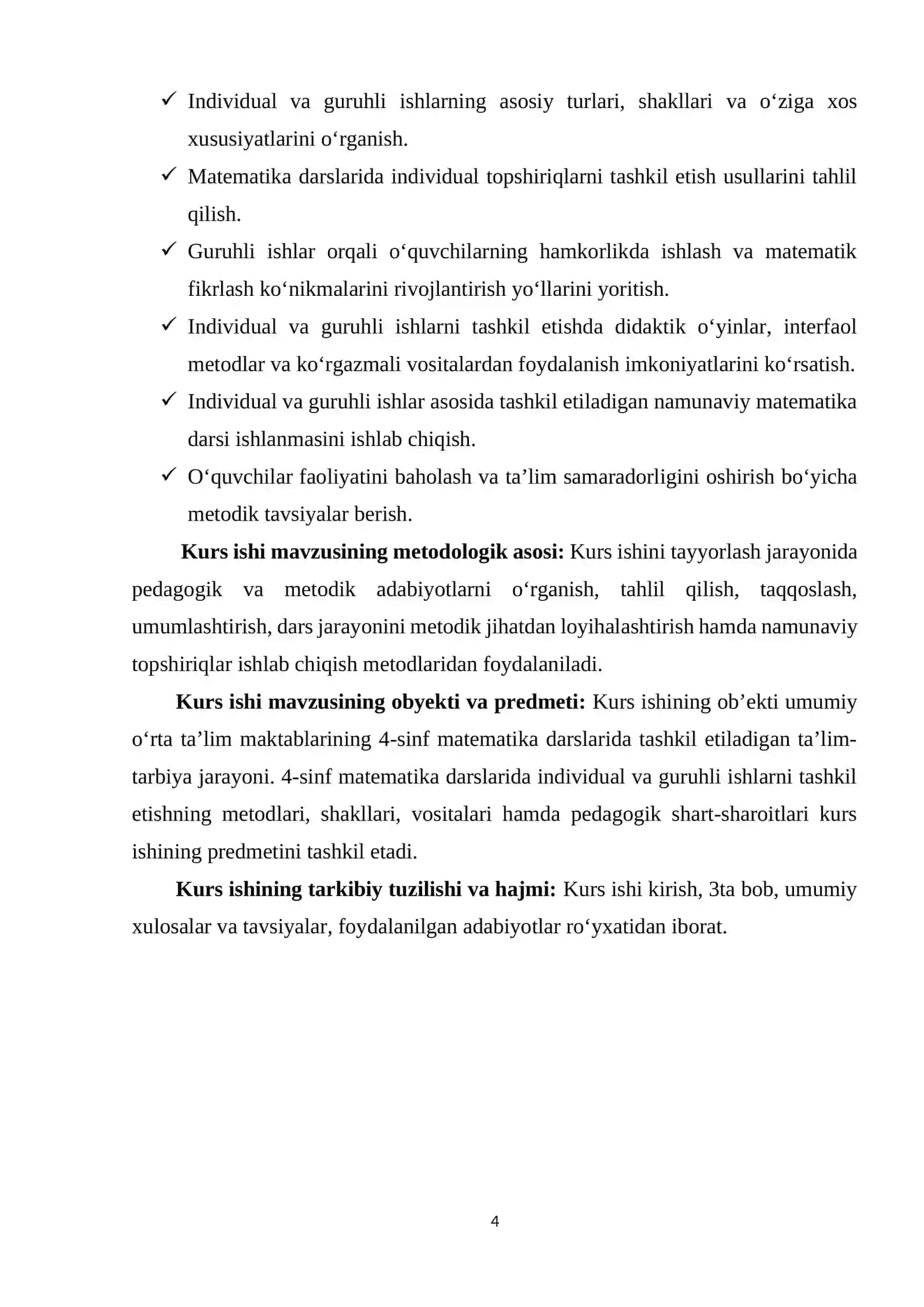 4-sinf matematika darslarida darsda individual va guruhli ishlar olib borishga o'rgatish metodikasi 4