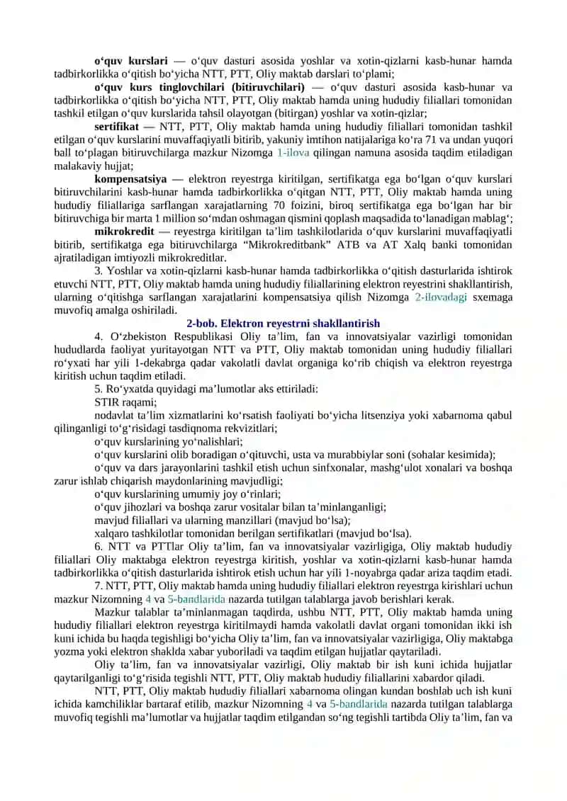 YOSHLAR VA XOTIN-QIZLARNI KASB-HUNAR VA TADBIRKORLIKKA O‘QITISH DASTURLARINI SAMARALI AMALGA OSHIRISH HAMDA ULARNING TADBIRKORLIK FAOLIYATI UCHUN MIKROKREDITLAR AJRATISH CHORA-TADBIRLARI TO‘G‘RISIDA 4
