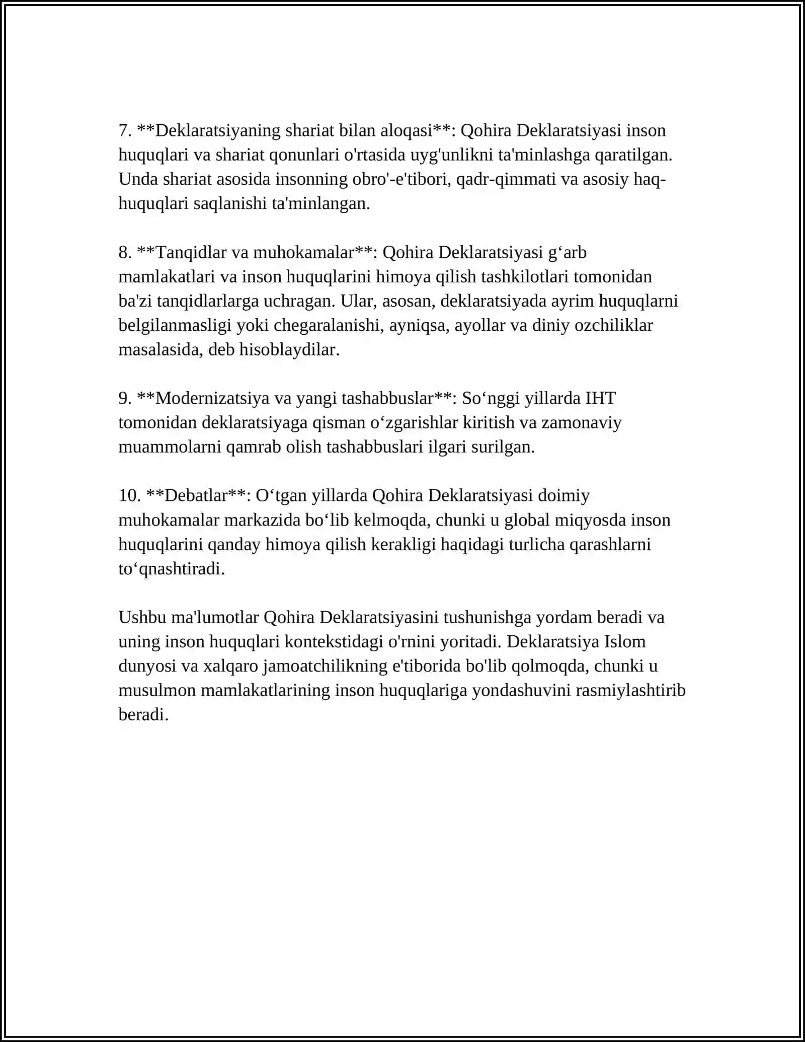 QOHIRA DEKLARATSIYASI TARIXI VA MAZMUNI JIHADDDAN TAHLILIY MAQOLA TAYYORLASH 4