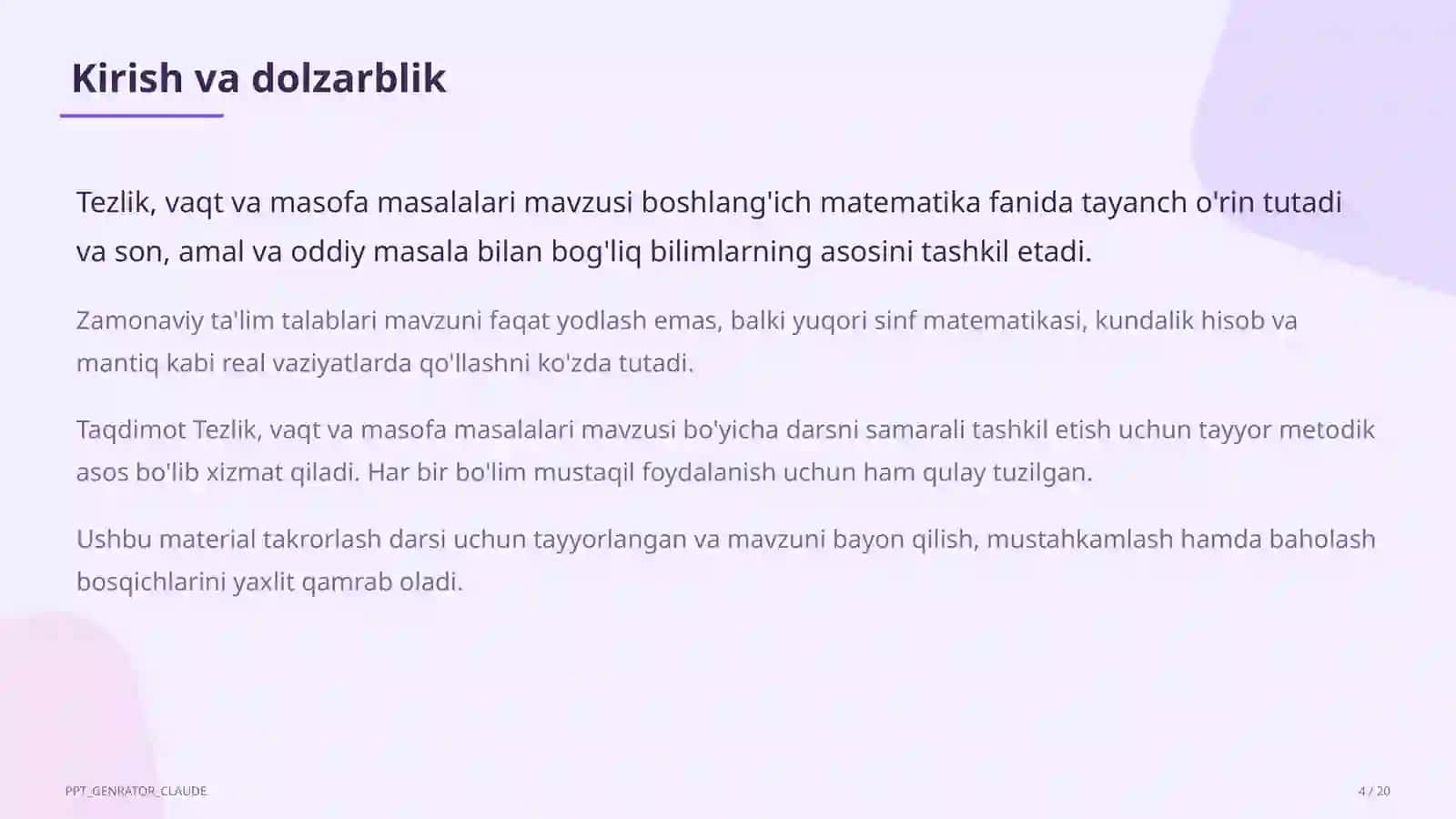 Tezlik, vaqt va masofa masalalari (4-sinf) 4