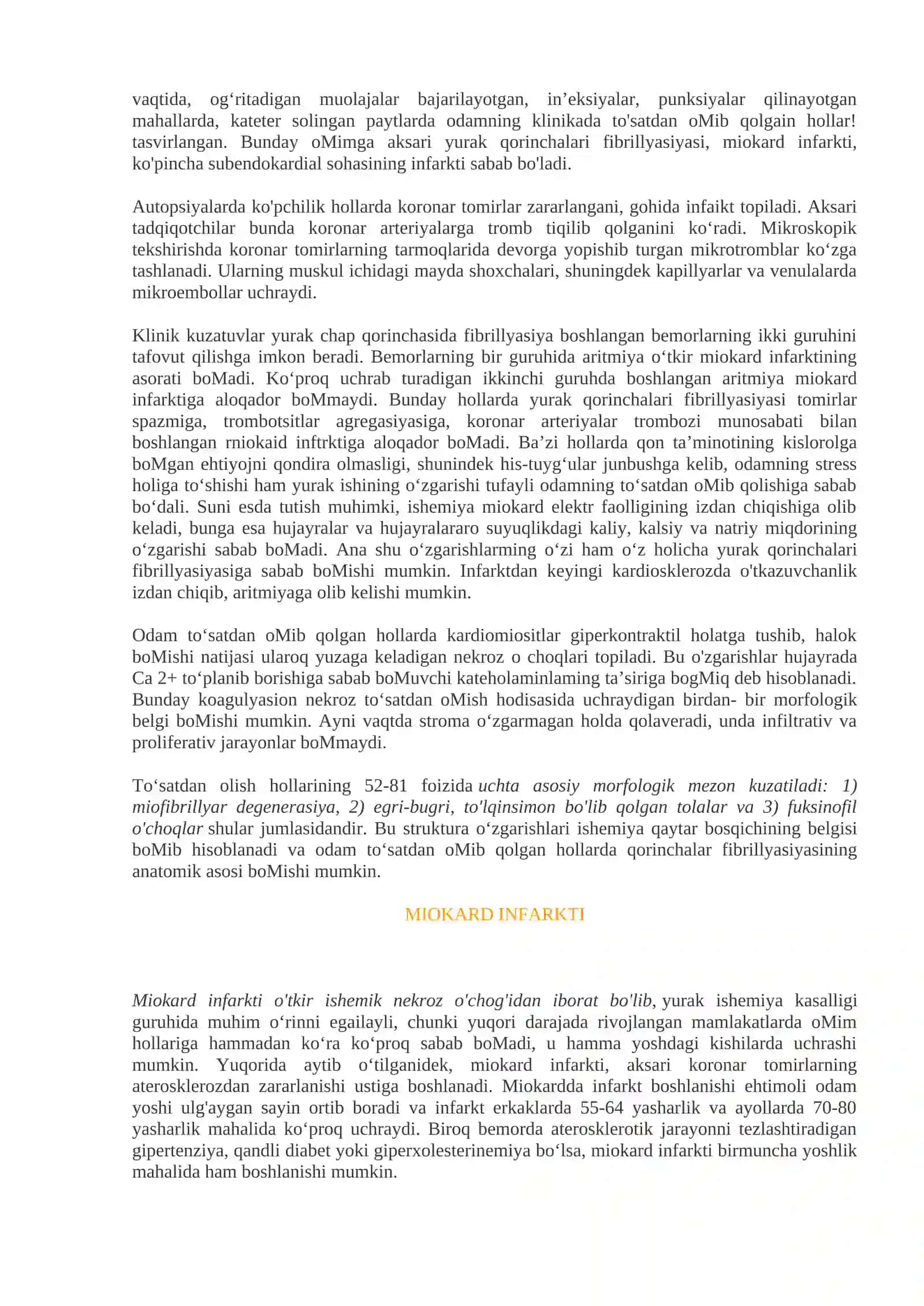 Yurak patologiyasi. Yurak ishemik kasalliklari. Aritmiyalar. Yurak gipertenziv kasalligi. Yurak klapanlari kasalliklari. Kardiomiopatiyalar. Perikard kasalliklari. Tugma yrak kasalliklari. Yurak usmalari 4