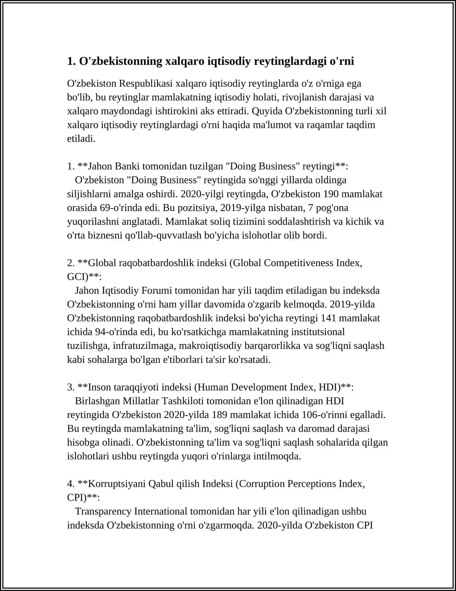 O'zbekistonning xalqaro iqtisodiy reytinglardagi o'rni 4