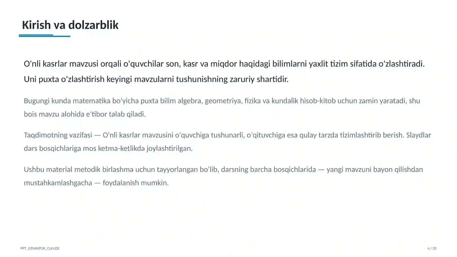 O'nli kasrlar (5-sinf) Matematika 4