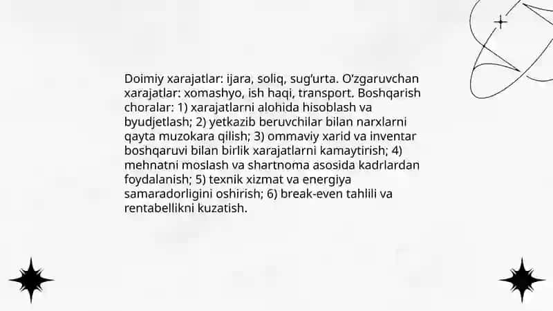 Kichik biznes va xususiy tadbirkorlik faoliyatini rivojlantirishda xarajatlar va ularni minimallashtirish yo'llari 4