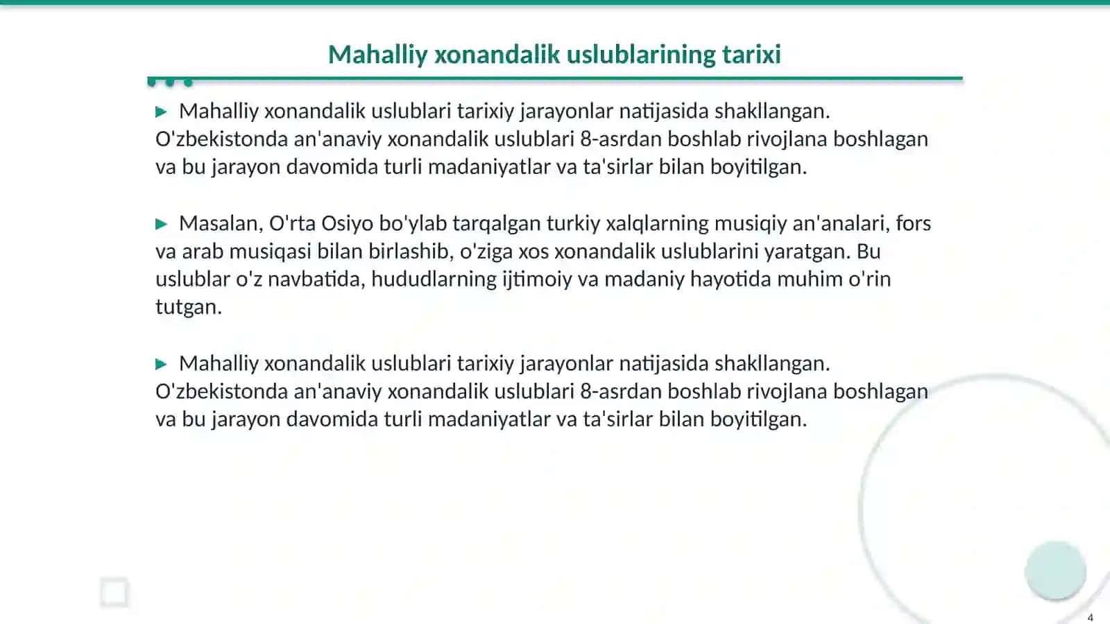 An'anaviy xonandalikning mahalliy uslublari 4
