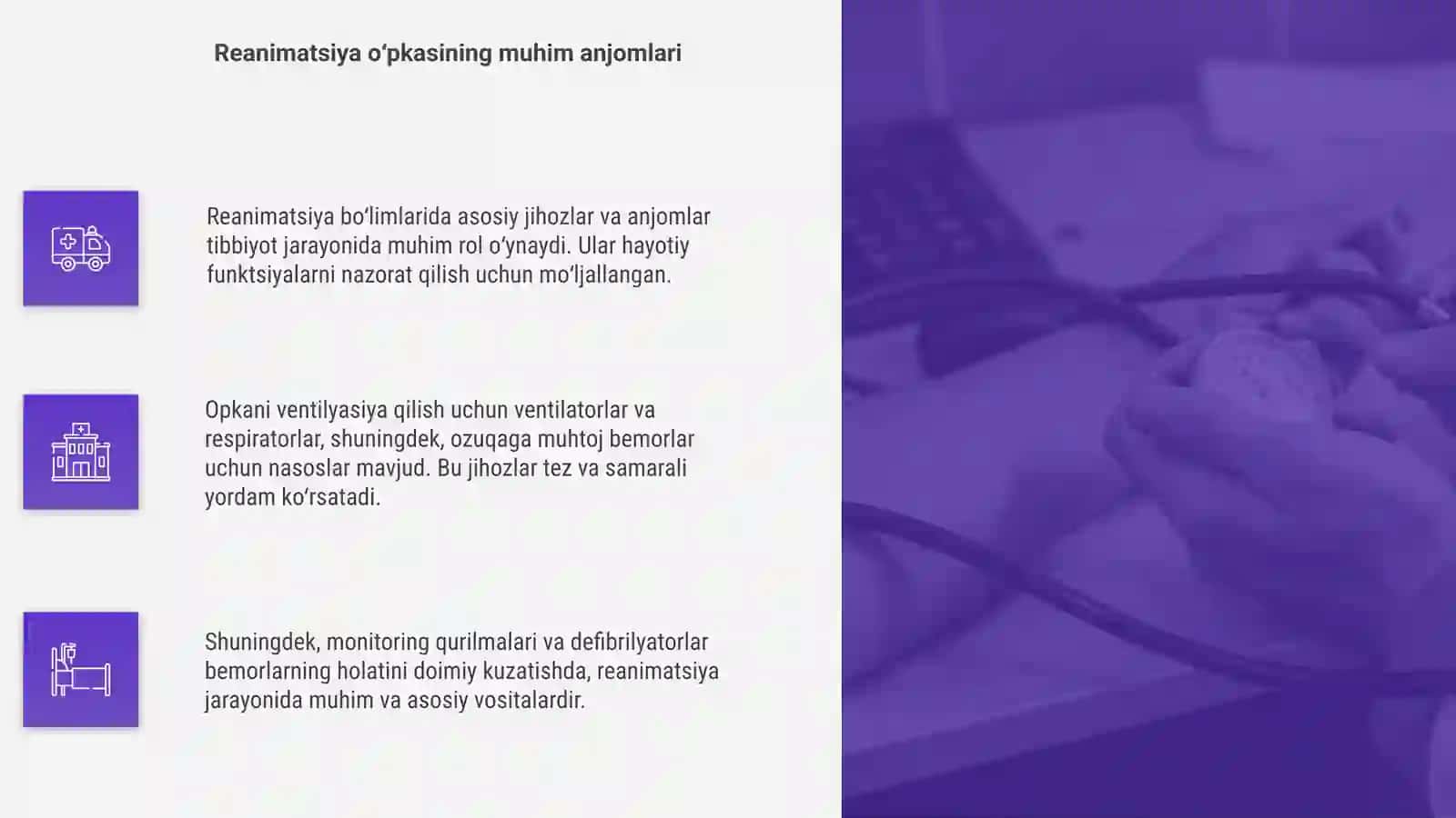 Xirurgiya va reanimatsiya boʻlimlari asosiy jihoz va anjomlari 4