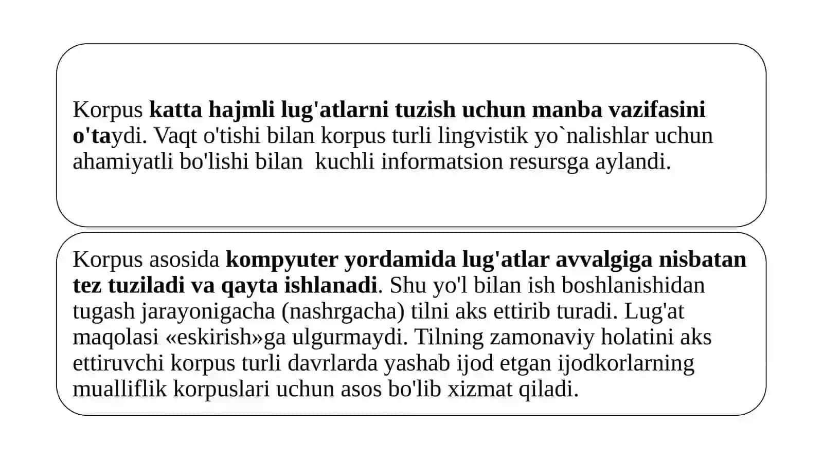 Korpus taksonomiyasi. Korpusning lingvistik va ta’limiy ahamiyati. Korpus yaratish texnologiyasi. Ma’lumot to‘plash (ma’lumotlarni saqlash, konkordans dasturiy ta’minoti yordamida ma’lumotlarni olish, onlayn interfeyslar) 4