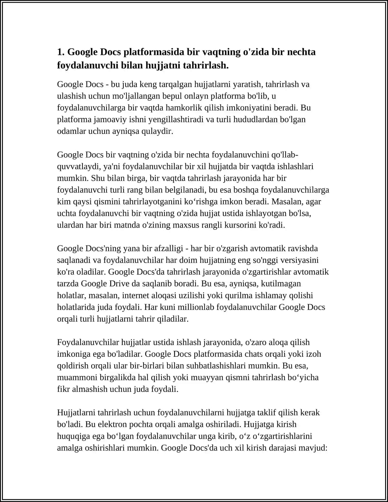 GOOGLE DOCS PLATFORMASIDA “BIR VAQTDA BIR HUJJAT USTIDA BIR NECHA FOYDALANUVCHI BILAN XAMKORLIKDA ISHLASH IMKONIYATI” 4