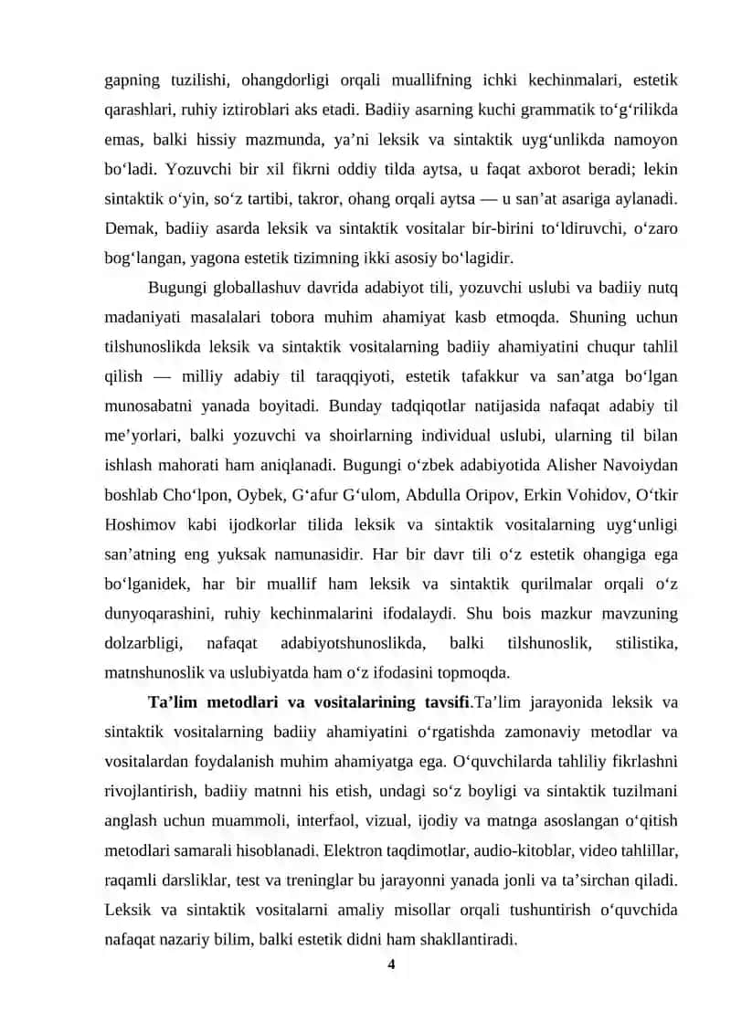 Adabiyot nazariyasi fanidan “Leksik va sintaktik vositalarning badiiy ahamiyati” KURS ISHI 4