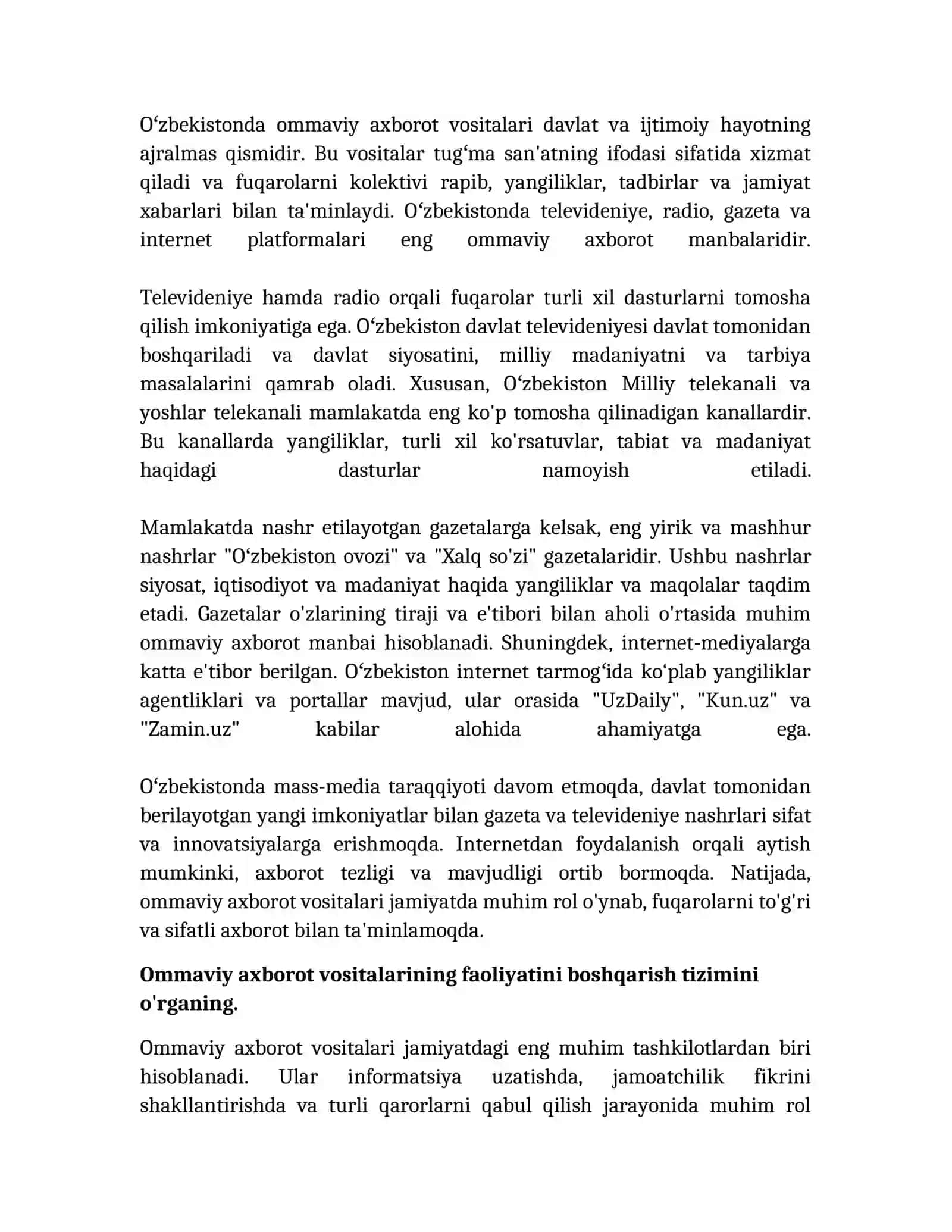 Oʻzbekiston Respublikasida ommaviy axborot vositalarining faoliyati 4