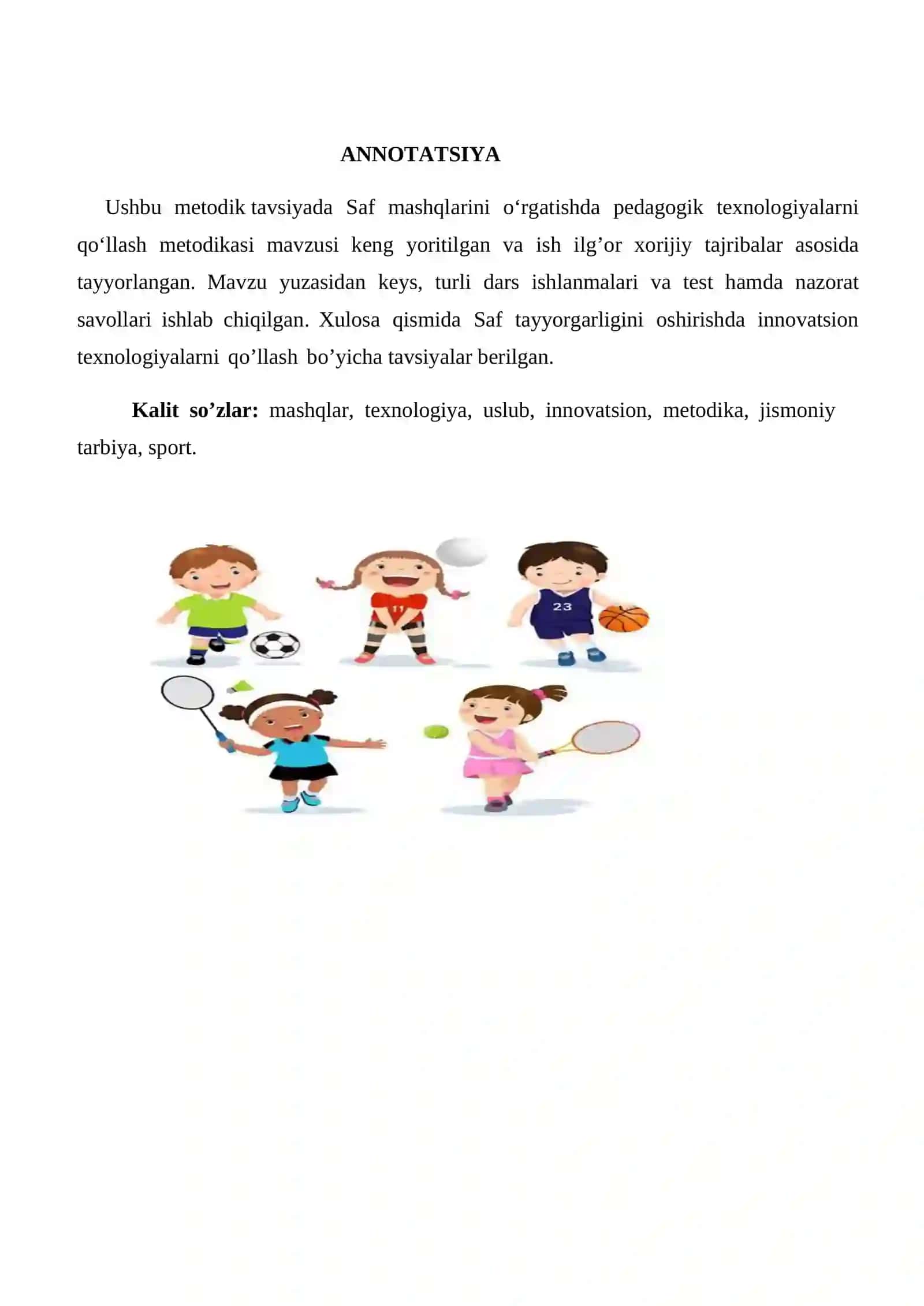 « JISMONIY TARBIYA DARSLARIDA HARAKATLI O`YINLARNI SAMARALI TASHKIL ETISH USULLARI» nomli METODIK TAVSIYA 4