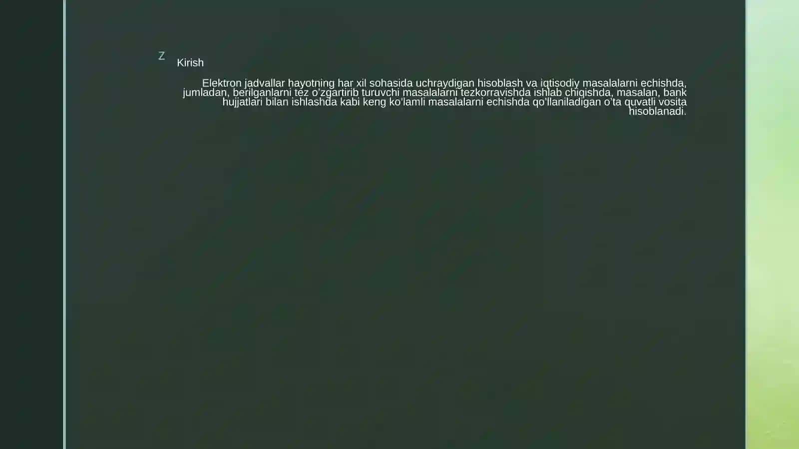 Elektron jadval protsessorlari va ularning imkoniyatlari funksiyalar formulalar ma’lumotlarni saralash va filtrlash 4