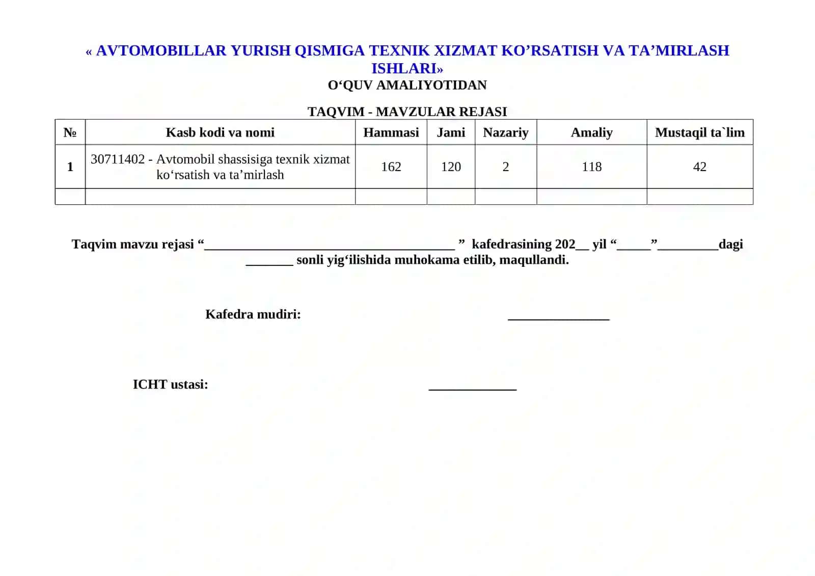 AVTOMOBILLAR YURISH QISMIGA TEXNIK XIZMAT KO’RSATISH VA TA’MIRLASH ISHLARI O‘QUV AMALIYOTI 4