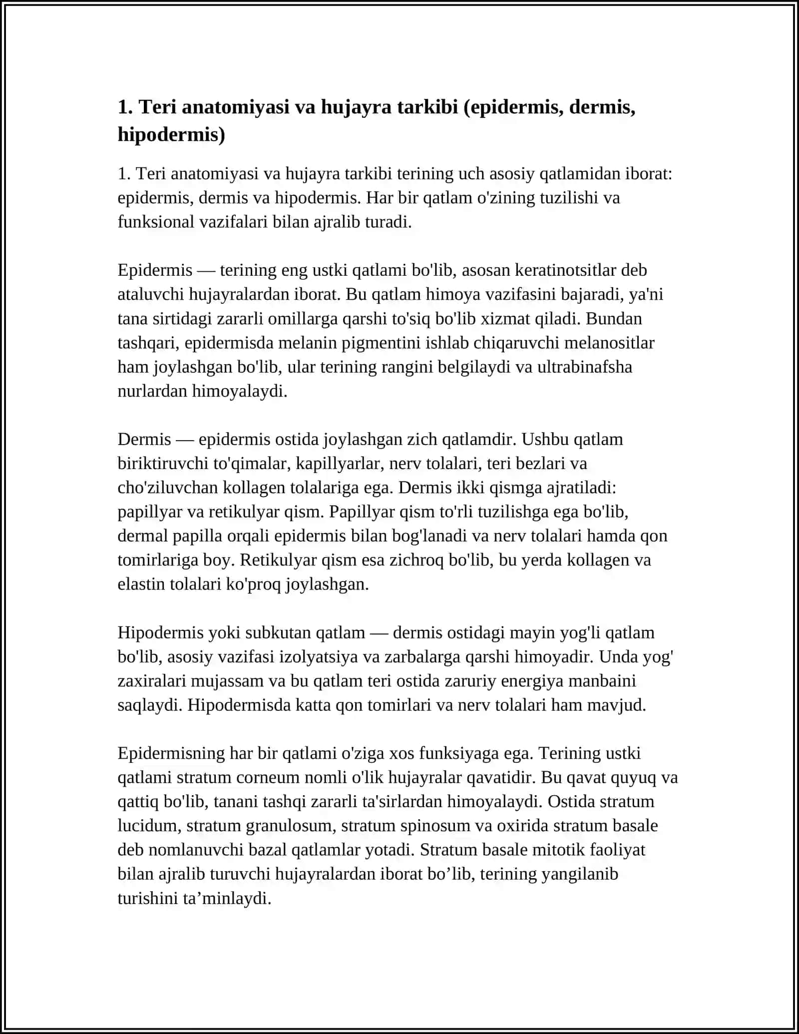TERI VA ULAR XOSILALARI TAVSIFI TARAQQIYOTI TUZILISHI VA TERI BEZLARI TERINING QON BILAN TA’MINLANISHI INNERVATSIYASI VA REGENERATSIYASI 4