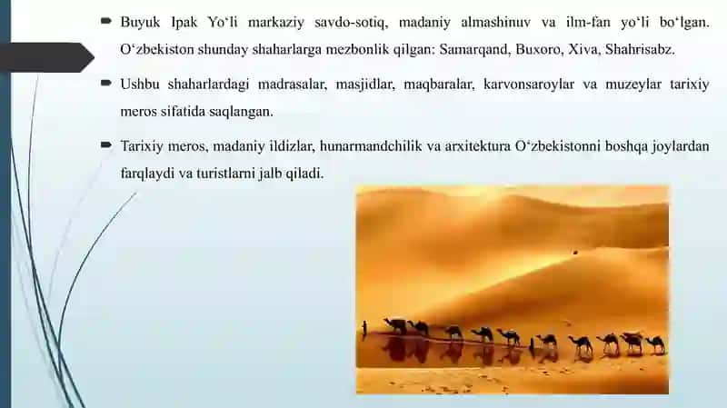 BUYUK IPAK YO’LI VA HOZIRGI ZAMON. O’ZBEKISTONNING TURIZM SALOHIYATI 4