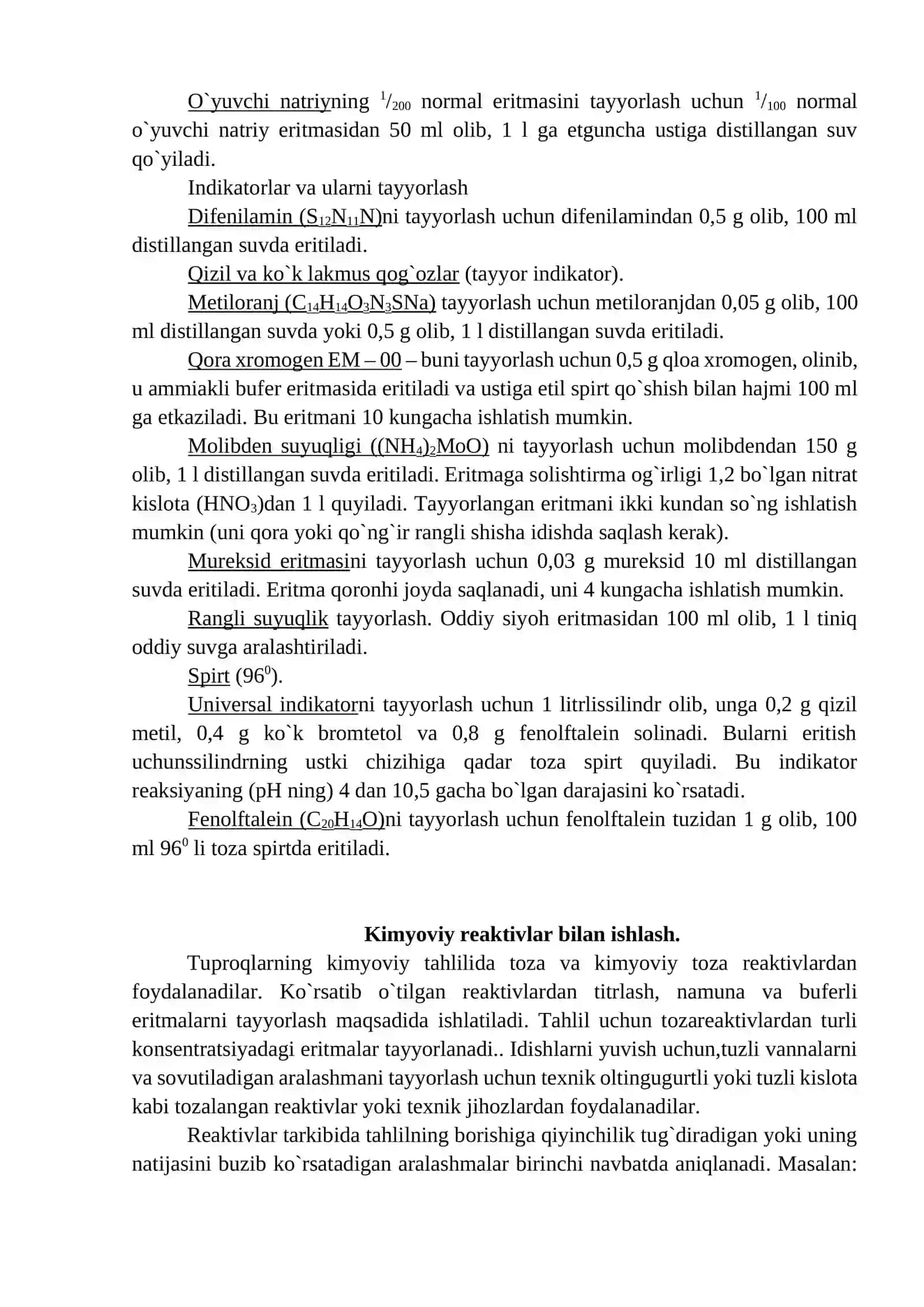 Tuproq Xossalarini O`rganishda Kerak Bo`ladigan Eng Muhim Reaktivlar va Ularni Tayyorlash 4