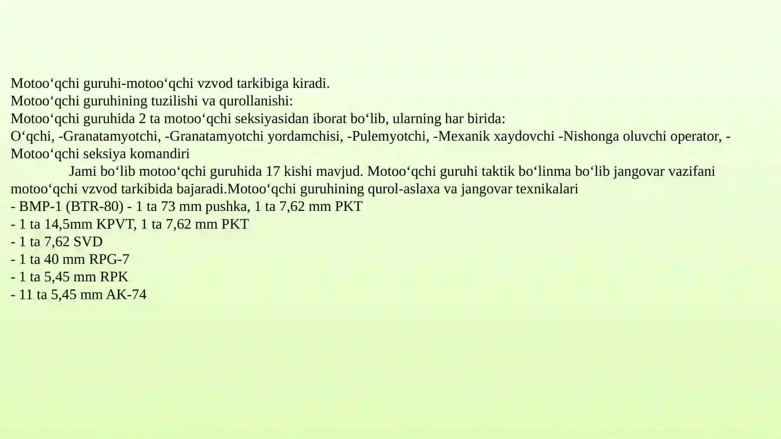 Motoo‘qchi batalyonining tuzilshi, qurol-aslaha va jangovar texnikalari 4