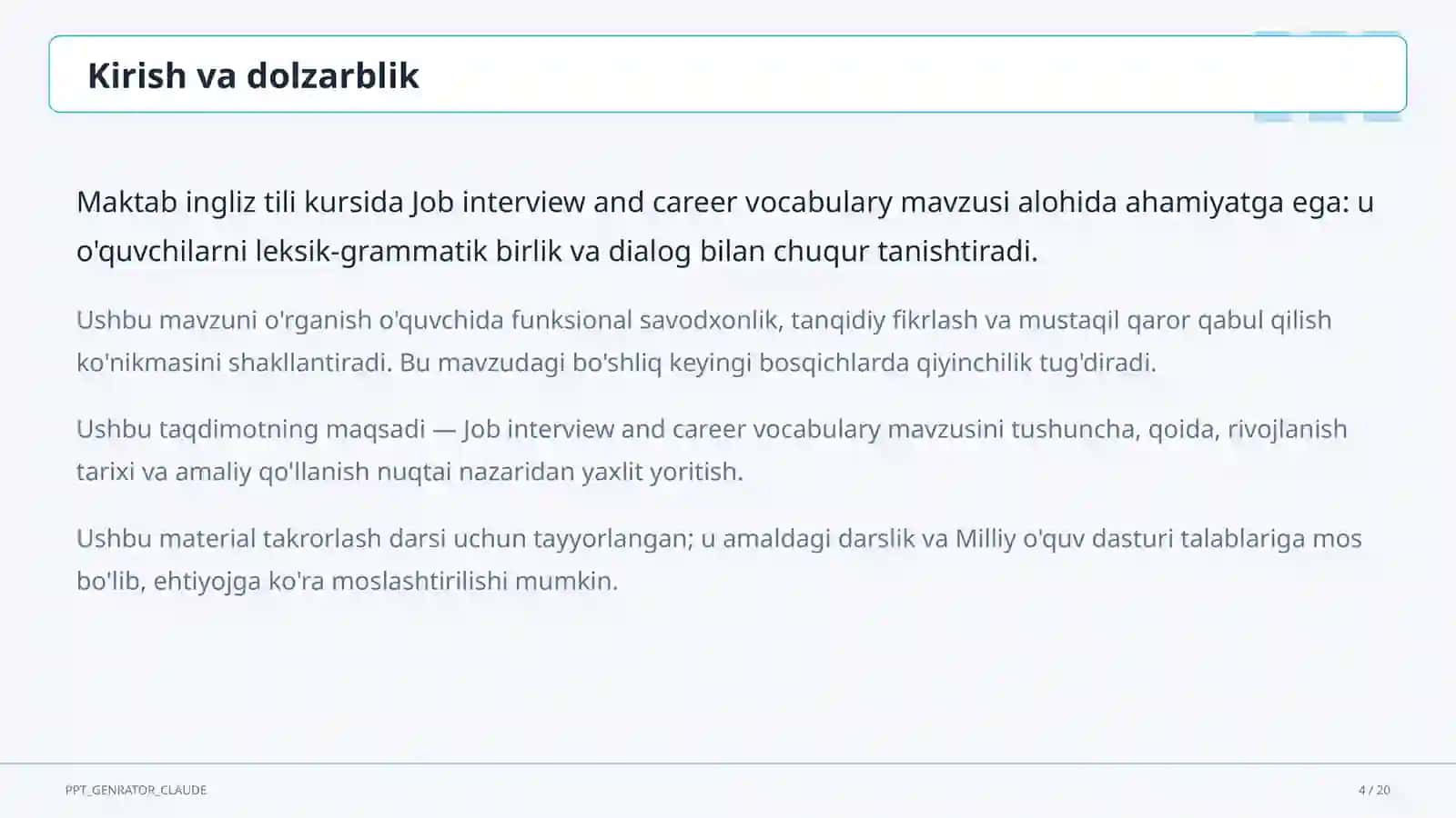 Job interview and career vocabulary (11-sinf) 4