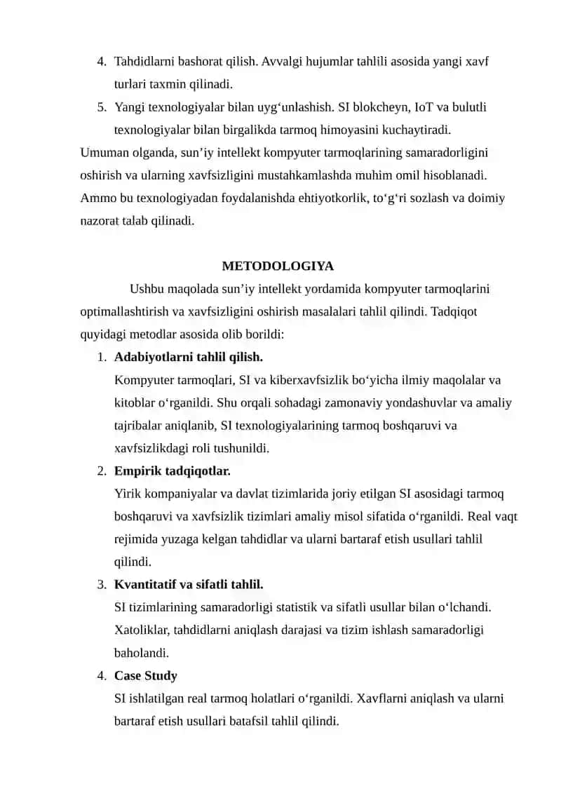 SUN’IY INTELLEKT YORDAMIDA KOMPYUTER TARMOQLARINING OPTIMALLASHTIRILISHI VA XAVFSIZLIGINI OSHIRISH MASALALARI 4