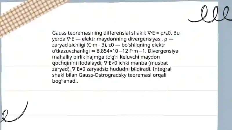 Elektr maydon uchun Gauss teoremasi va uning yordamida maydonlarni hisoblash 4