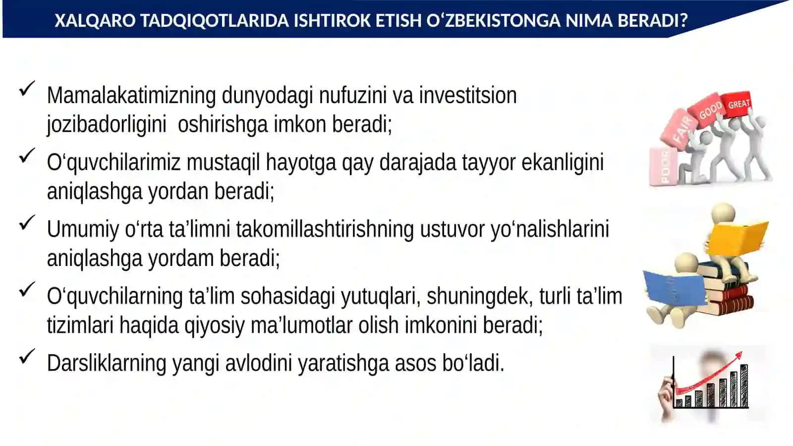 XALQARO IBAHOLASH DASTURLARI(PIRLS, PISAvaTIMSS)NATIJALARI ASOSIDA TAʼLIM SIFATINI OSHIRISH 4