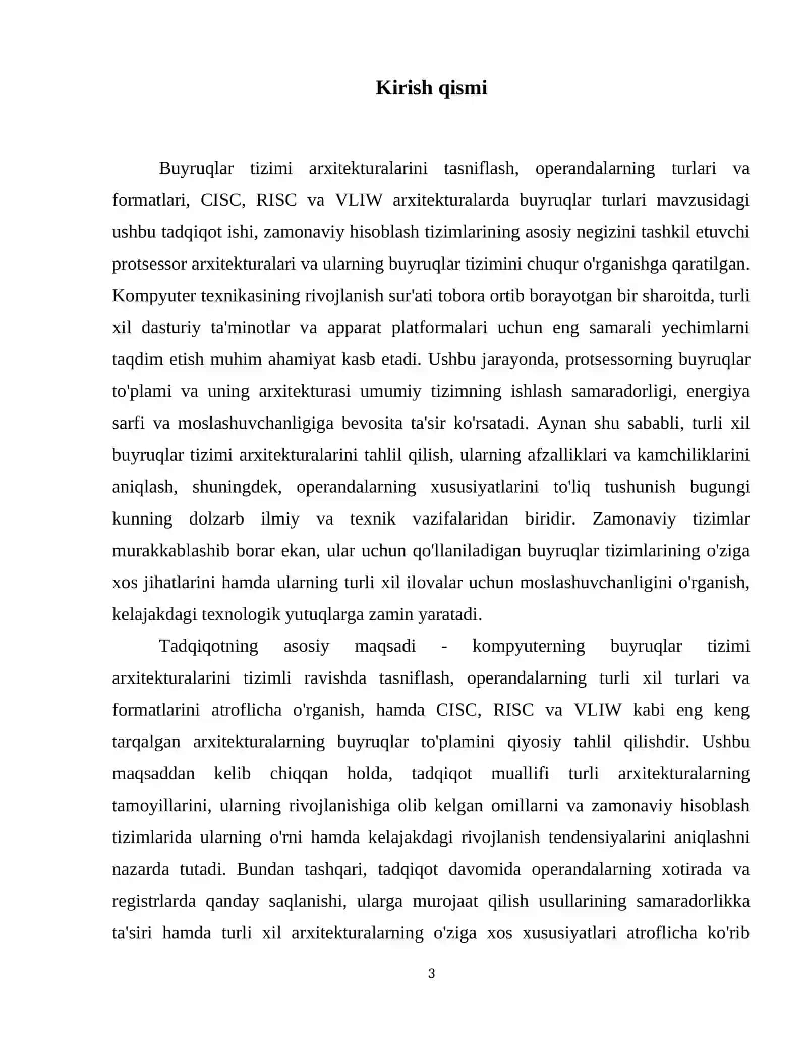 Buyruqlar tizimi arxitekturalarini tasniflash, operandalarning turlari va  formatlari, CISC, RISC vo VLIW arxitekturalarda buyruqlar turlari 4
