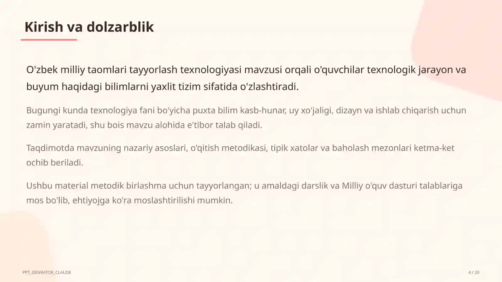 O'zbek milliy taomlari tayyorlash texnologiyasi (6-sinf) 4