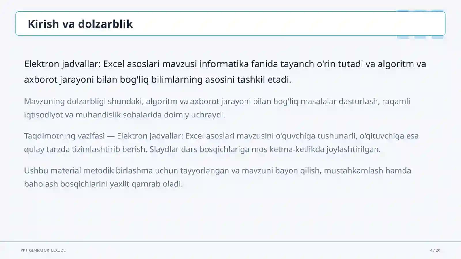Elektron jadvallar: Excel asoslari (7-sinf) 4