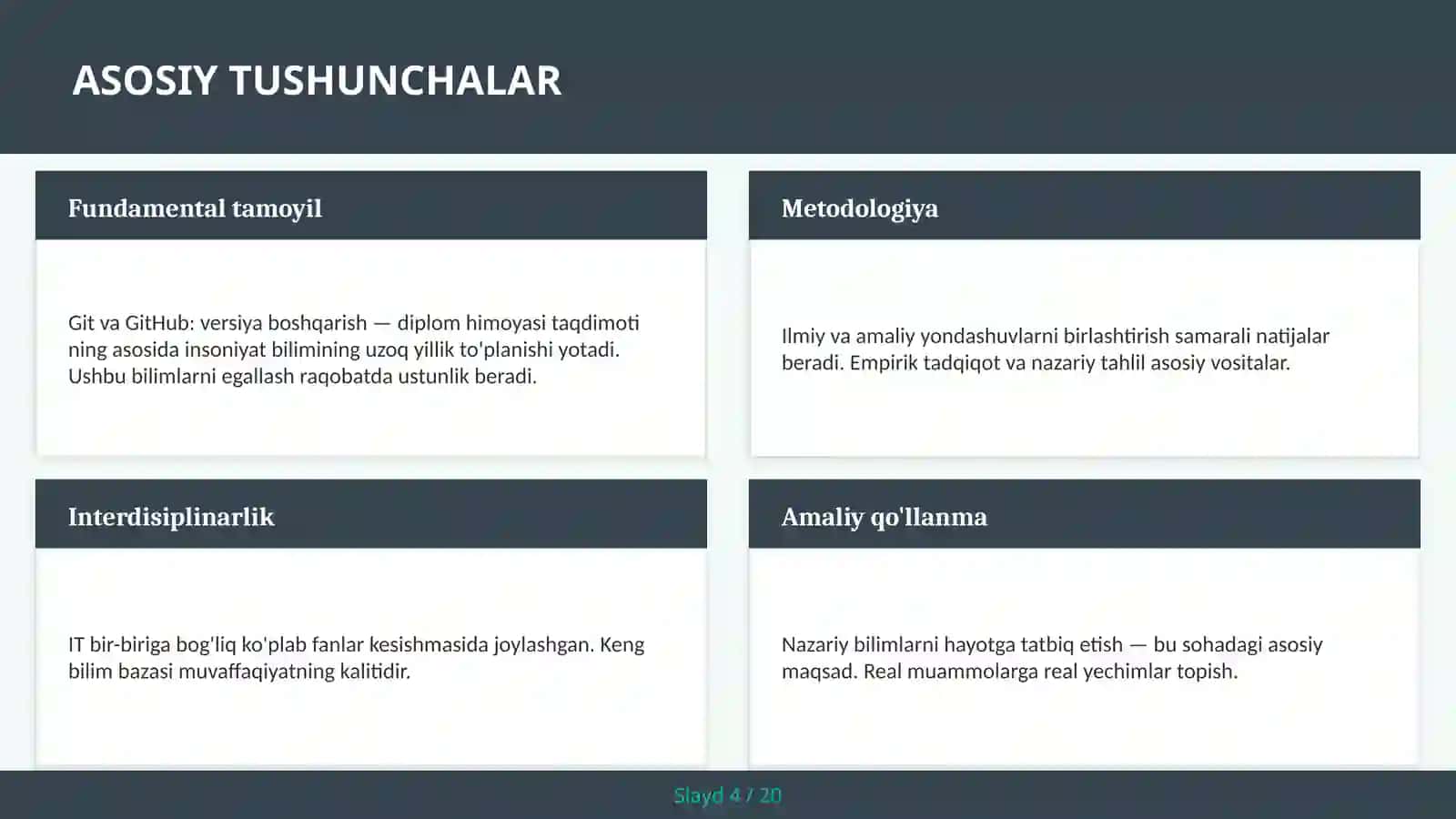 Git va GitHub: versiya boshqarish — diplom himoyasi taqdimoti 4