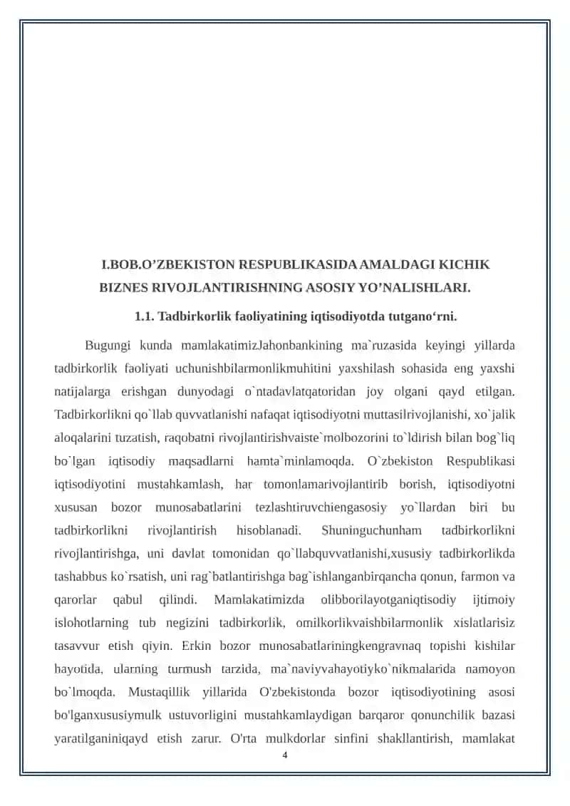 O’zbekiston Respublikasi kichik biznesni rivojlantirishning asosiy yo’nalishlari 4