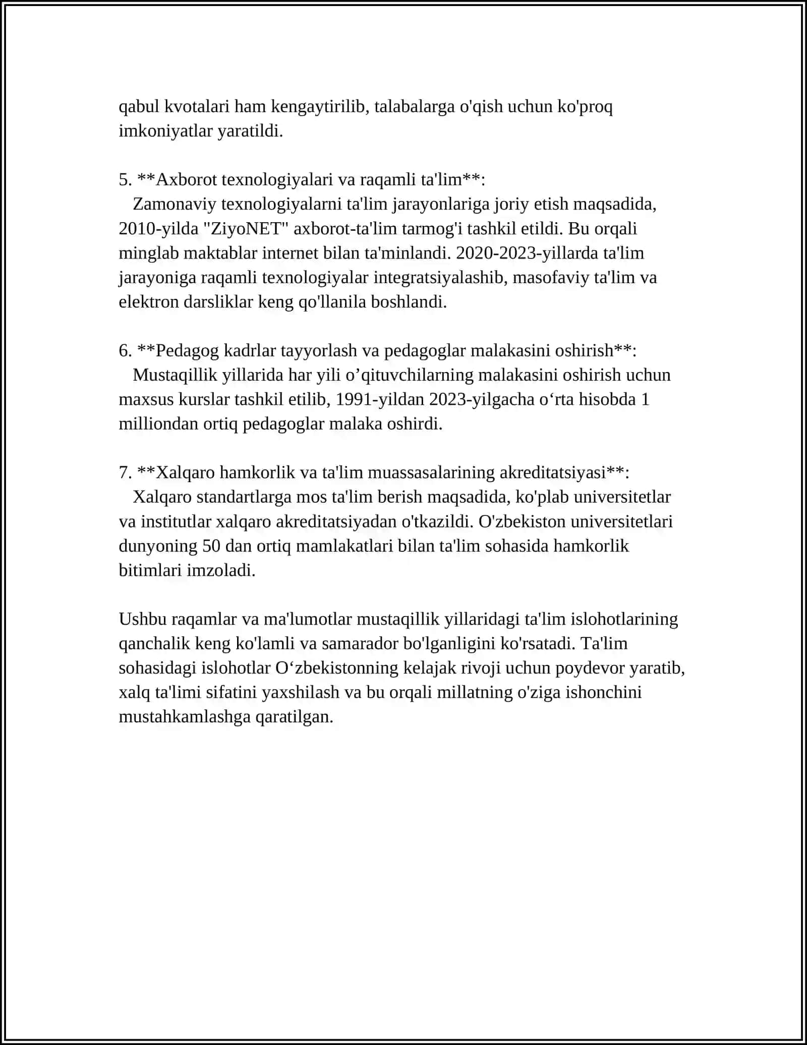 O'ZBEKISTON RESPUBLIKASIDA TA’LIM SOHASIDA AMALGA OSHIRILGAN ISLOHOTLAR 4