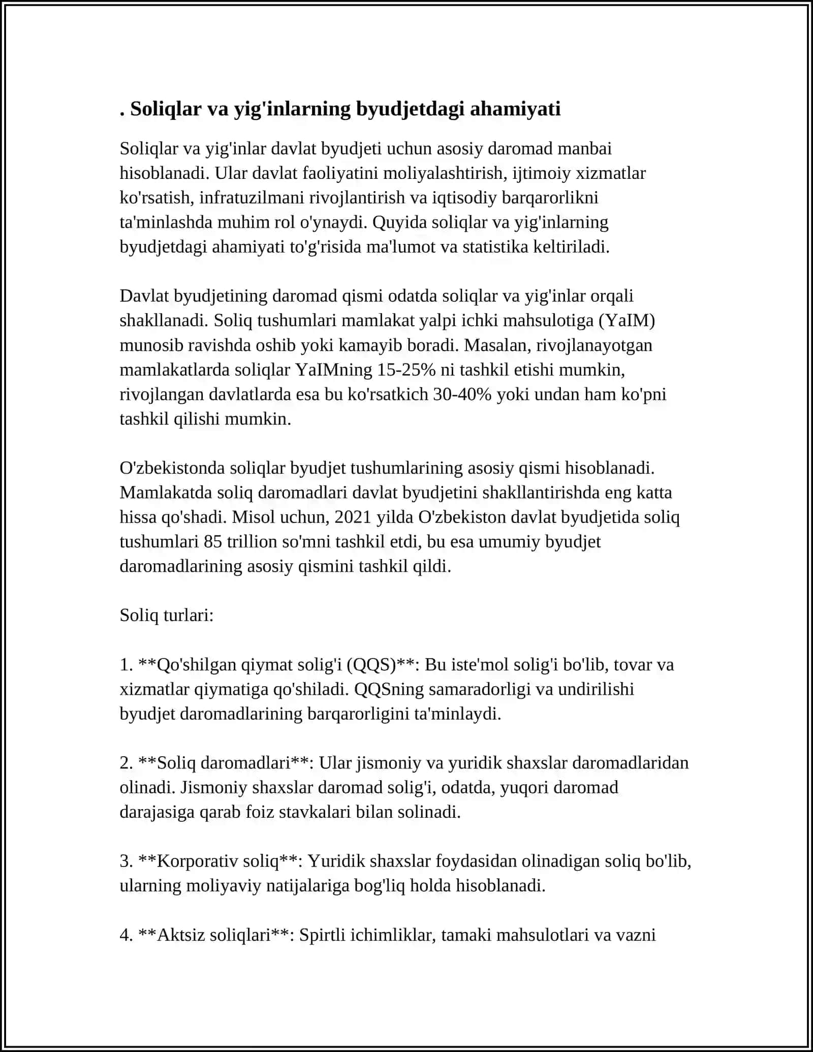 BYUDJET DAROMATLARIDA SOLIQLAR VA YIG'INLARNING SALMOG'I VA O'ZGARISH DARAJALARI 4