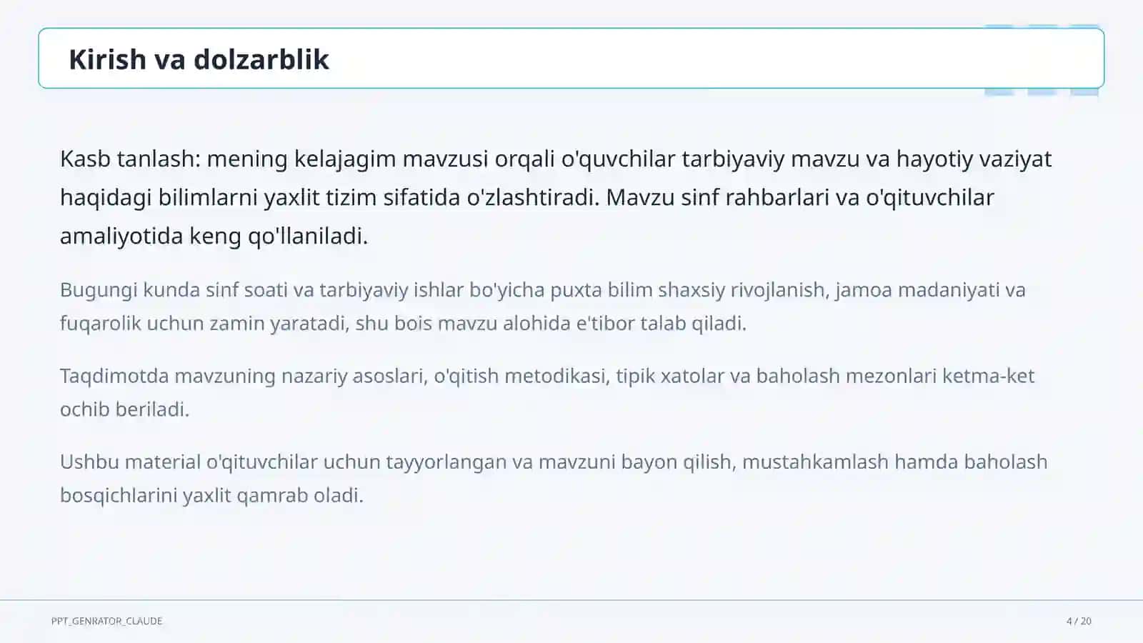 Sinf soati va tarbiyaviy tadbirlar (1–11) — o'qituvchilar uchun 4