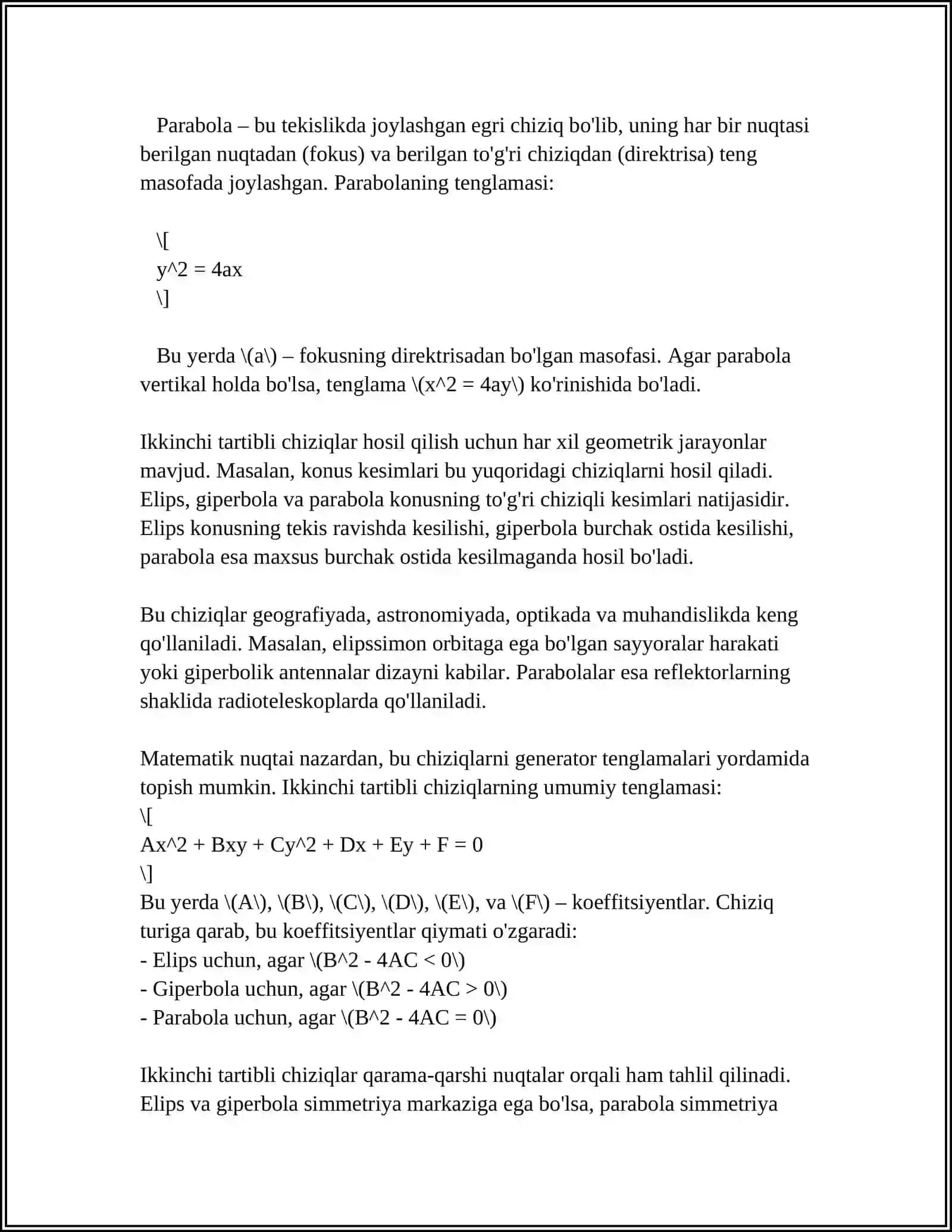 IKKINCHI TARTIBLI CHIZIQLAR: AYLANA, ELLIPS, GIPERBOLA, PAROBOLA VA ULARNING KANONIK TENGLAMALARI 4