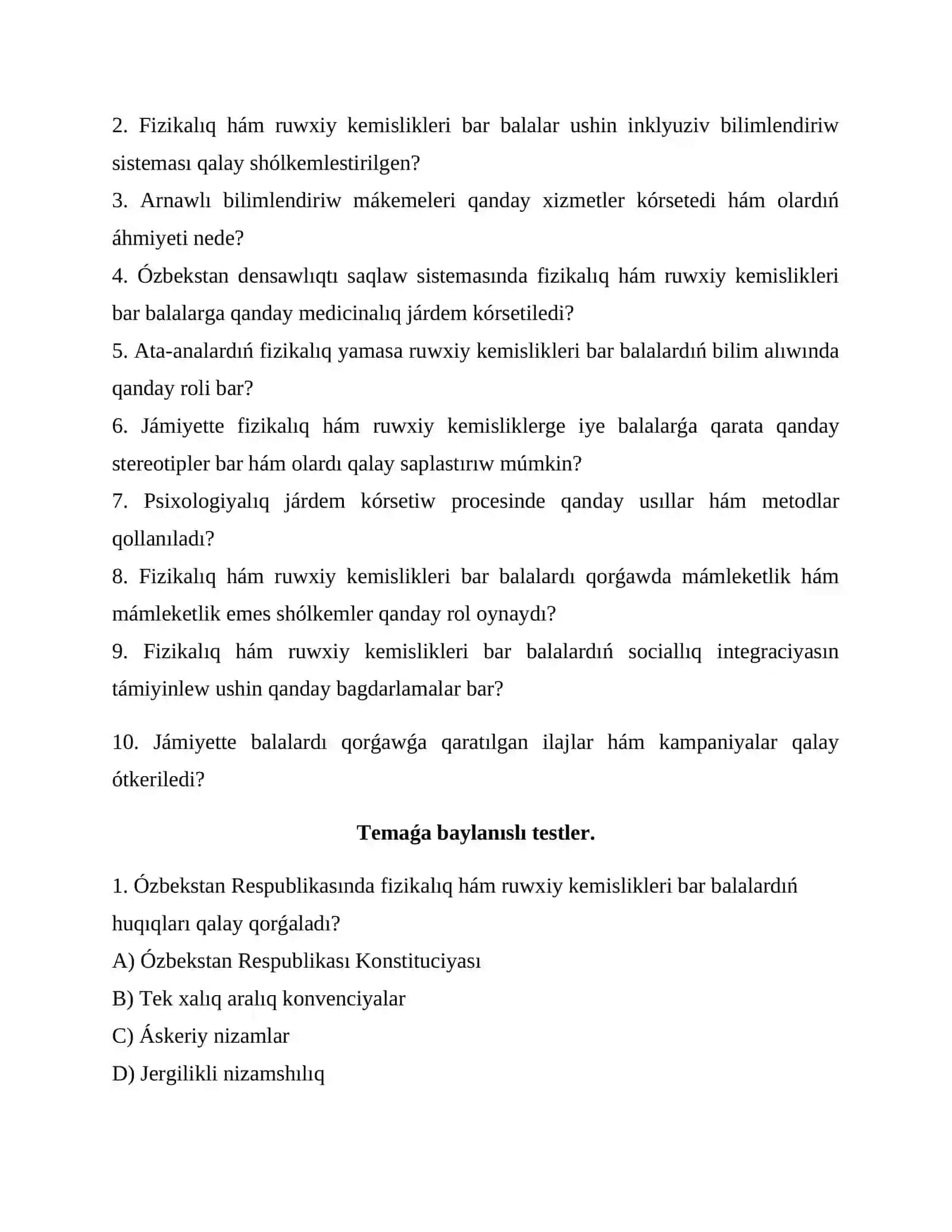 Ózbekistan Respublikasında fizikalıq hám ruwxıy nuqsanı bar balalar hám óspirimlerdi qorǵaw 4