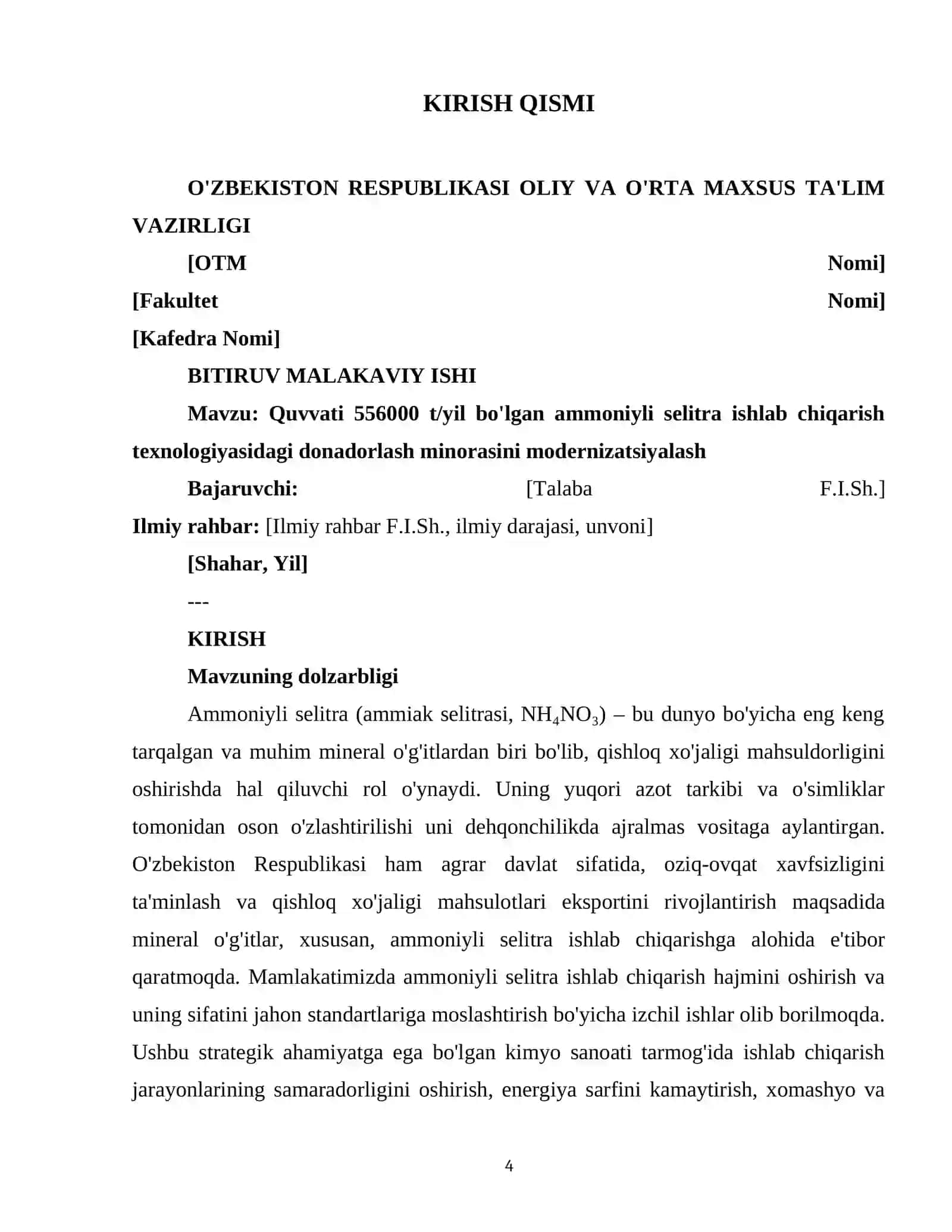 QUVVATI 556000 T/YIL BO'LGAN AMMONIYLI SELITRA ISHLAB CHIQARISH TEXNOLOGIYASIDAGI DONADORLASH MINOR 4