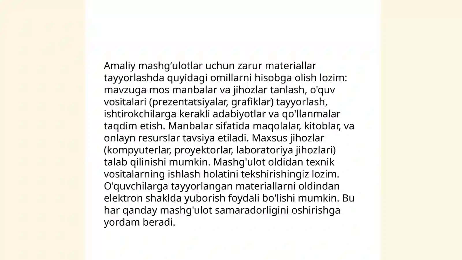 Fan yuzasidan berilgan amaliy mashgʻulotlarga tayyorgarlik koʻrish va uy vazifalarini bajarish 4