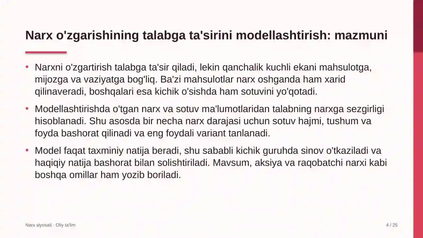 pr agentliklarda narx o'zgarishining talabga ta'sirini modellashtirish 4610 4