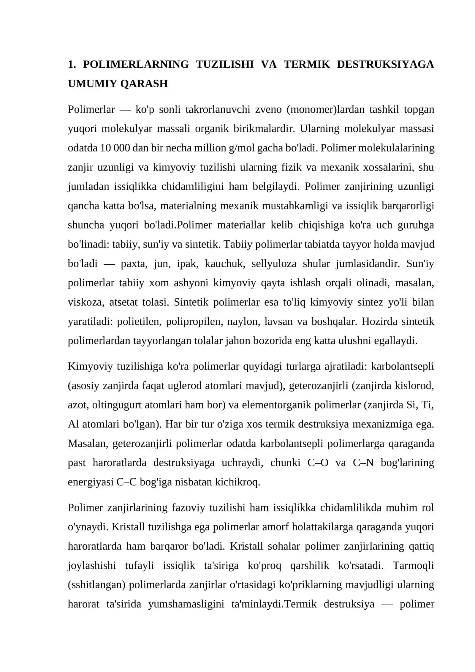 POLIMERLARNING TERMIK DESTRUKSIYASI. TOLALARNING ISSIQLIKKA CHIDAMLILIGINI BAHOLASH VA UNI OSHIRISH YO'LLARI 4