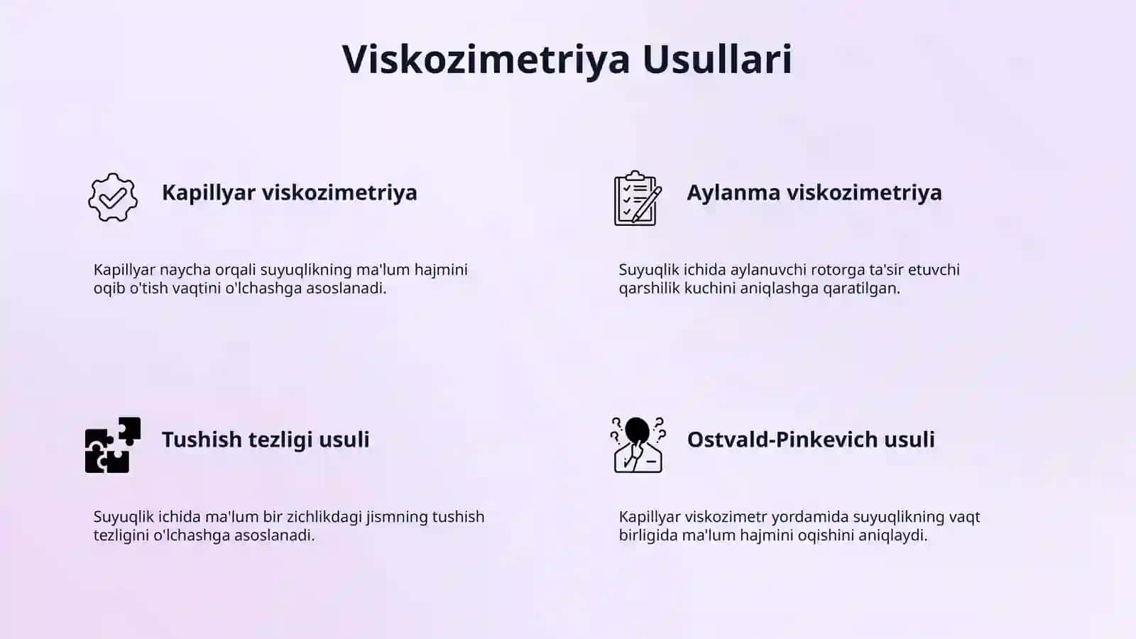 Tana suyuqliklarining yopishqoqligini aniqlash usullarini oʻrganish. Ostvald-Pinkevich viskozimetri VPJ-2 va VK-4 yordamida suyuqliklarning yopishqoqligini aniqlash 4