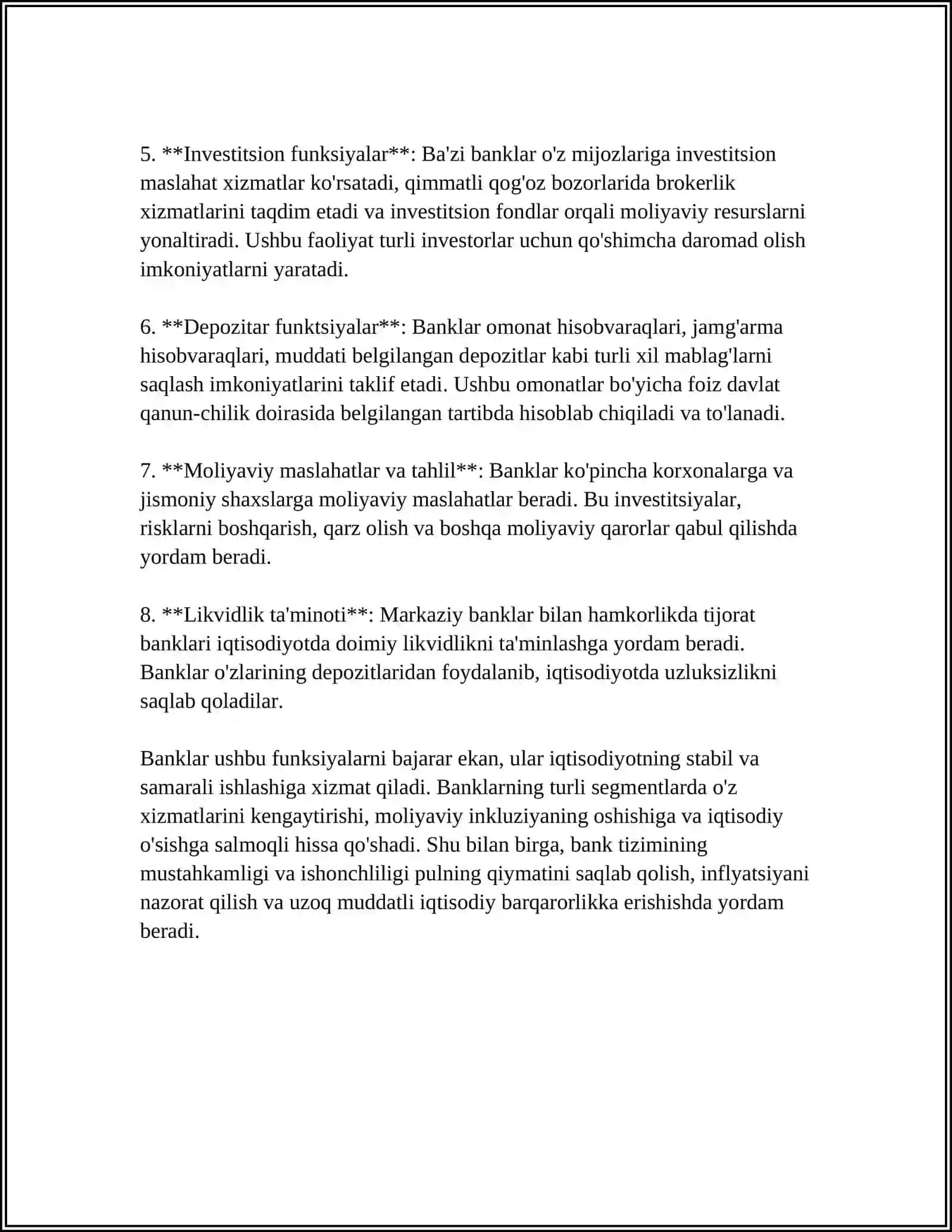 MUSTAQIL ISH Mavzu: BANKLAR VA ULARNING BOZOR IQTISODIY MUNOSABATLAR 4
