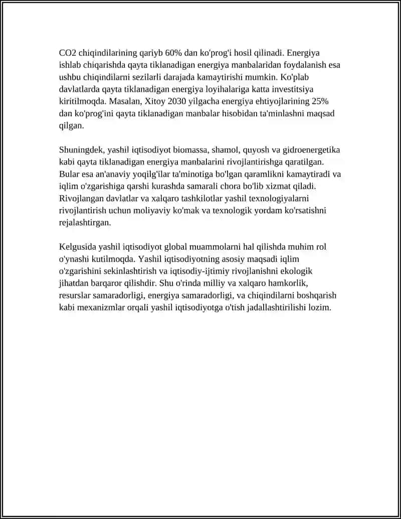 MAMLAKATLARNI “YASHIL IQTISODIYOTGA O'TISHNING ZARURIYATI, TAMOYILLARI VA MEXANIZMLAR 4