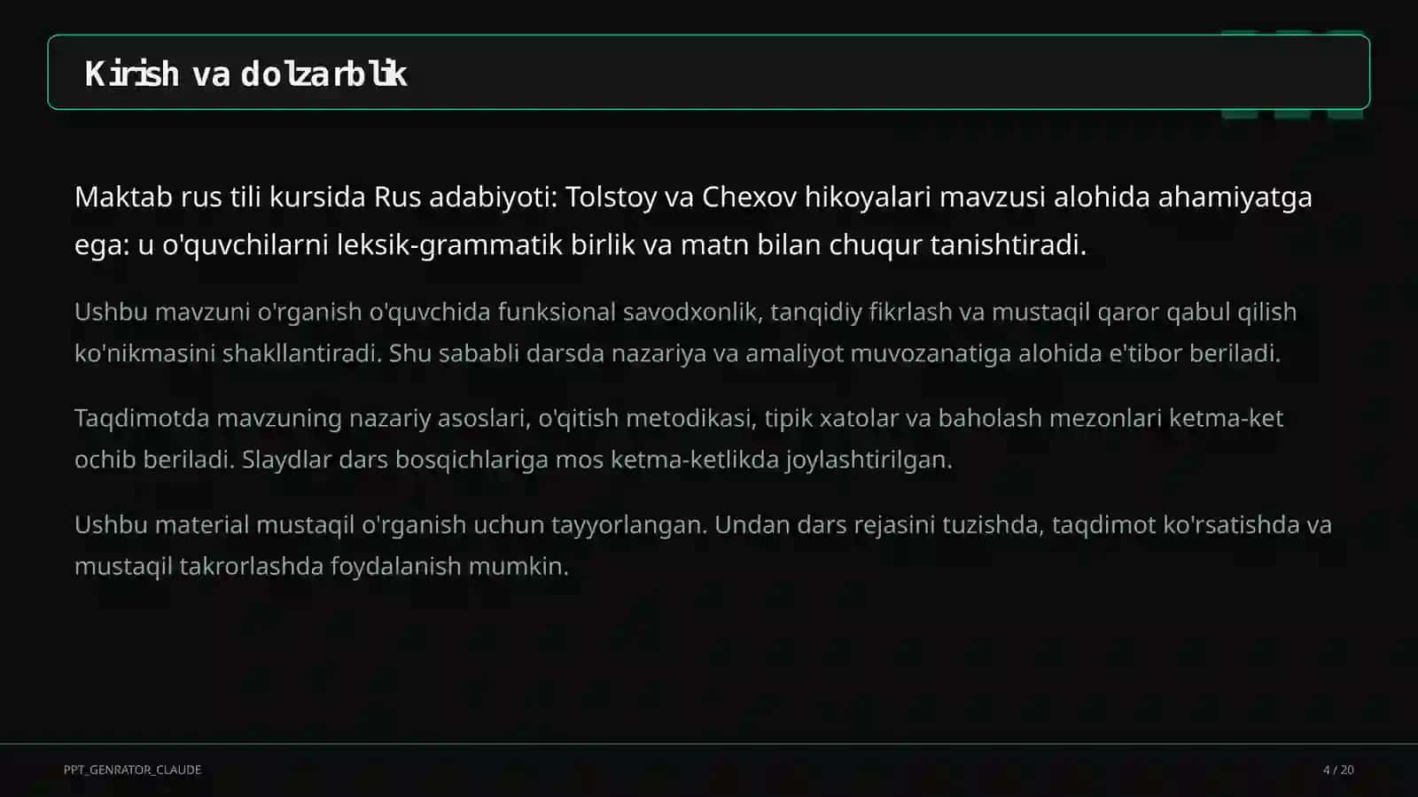 Rus adabiyoti: Tolstoy va Chexov hikoyalari (10-sinf) 4