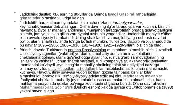 Milliy davlatchilikni barpo etishdagi harakatlar :Jadidchlik . Mustabid tuzum davrida O’zbekistondagi qatog’onlik siyosatining asosiy bosqichlari. XX asrning 80-90 yillarda O’zbekistondagi ijtimoiy- siyosiy va iqtisodiy ahvol. 4
