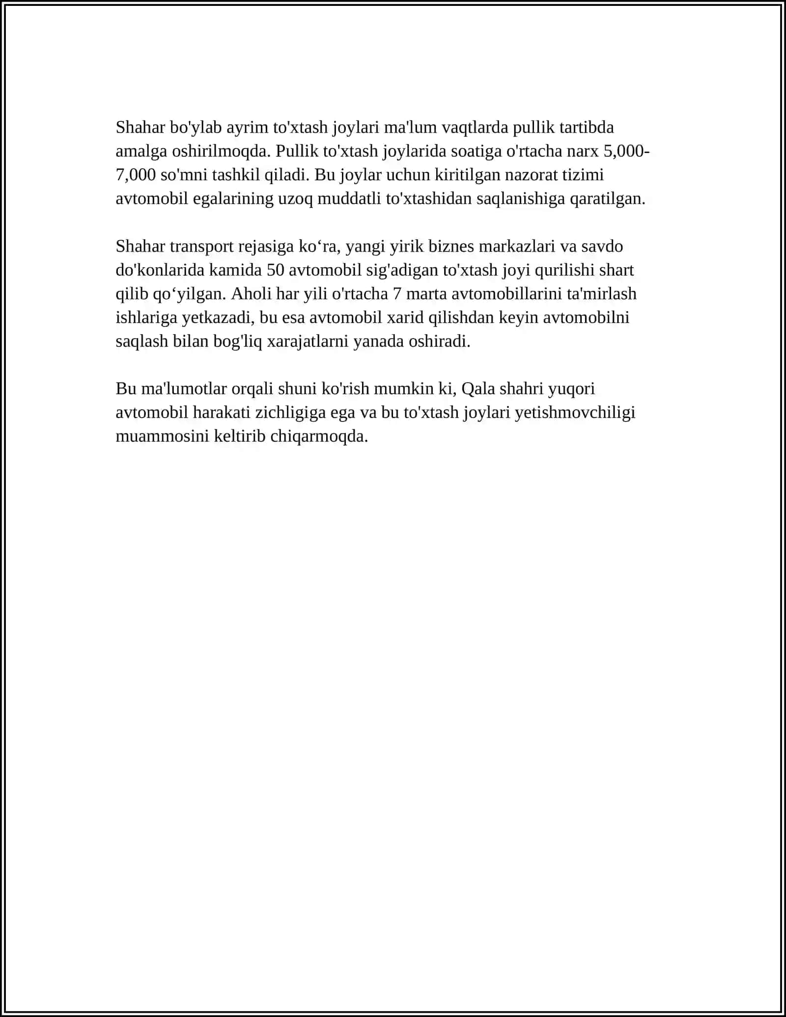 AVTOMOBIL TURATUǴIN ORINLARDI QALA AYMAǴINDA JAYLASTIRIW 4